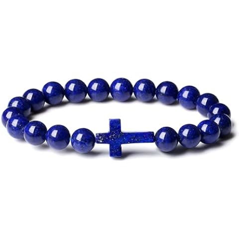 DUQGUHO Cross Bracelet for Women Lapis Lazuli Bracelet for Women Natural Healing Crystal Bracelet 8mm Blue Crystal Bracelet Religious Christian Bracelet Stretch Christian Gifts for Women Men Cover