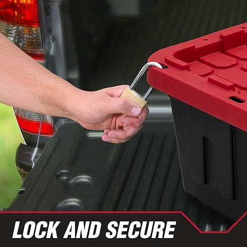 Image of Storage Bins 27 Gal Stackable with Lids 6 Pack for Garage Basement | Stackable with Lockable Lid Option - Secure stacking design with tie-down holes for zip-ties or padlocks.