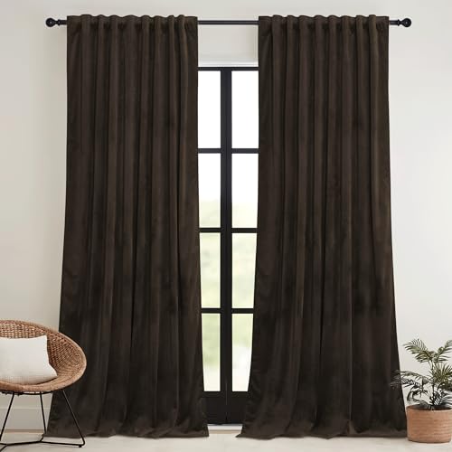 RYB HOME Brown Blackout Curtains 84 inches Long Velvet, Room Darkening Thermal Insulated Drapes with Hook Belt for Bedroom Home Theater, W 52 x L 84 inches, 2 Panels Set