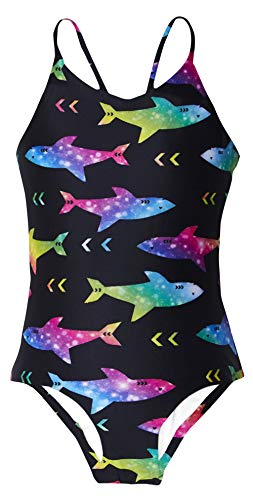 Girls Bathing Suits One Piece Swimsuits 3D Colorful Shark Printed Pattern Kids Swimwear Cross Back Adjustable Straps Beach Summer Little Girl Swim Suits 5-6X