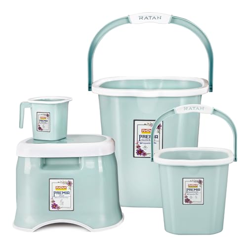 Image of RATAN PLASTICWARE Premia Bathroom Set (Bucket 5L X 1) + (Bucket 18L X 1) + (Mug 1.5L X 1) + (Small Stool X 1) - Mint|Easy to Carry | Perfect for Use in Bathrooms, Kitchen & Wet Utility Areas