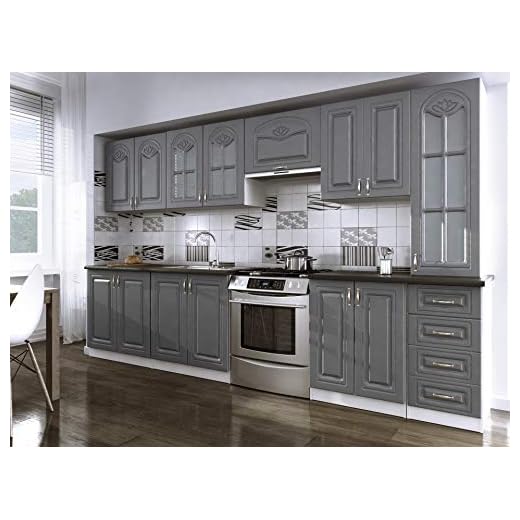 Cuisine complète 320 cm Grise avec moulures Style Moderne et Contemporain