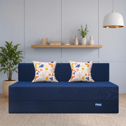 Image of Starlon 3 Seater Foldable Sofa Cum Bed 3-in-1 with 2 Floral Pattern Pillows, Washable Jute Fabric Cover, Space Saving Guest Bed, Royal Navy Blue 6x6 Ft