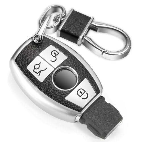 Image of Key Fob Cover for Mercedes Benz, Leather-Style Tab Cover, Silver | Wear-resistant TPU shell, PU leather-style tab, daily splash, scratch and drop protection, normal signal use, easy setup