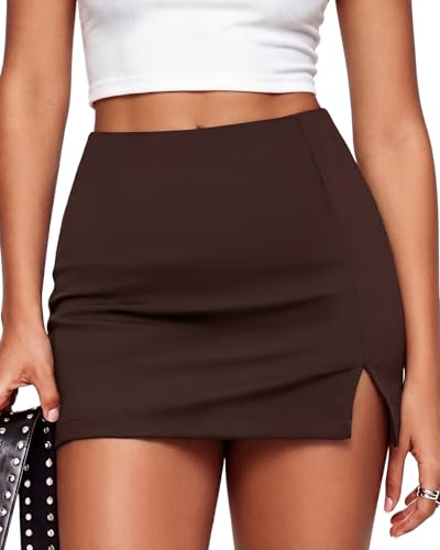 Facogoo Womens Mid-Waisted Mini Skort Front Slit Stretchy Bodycon Y2k Skirts with Underneath Outfits Coffee Brown