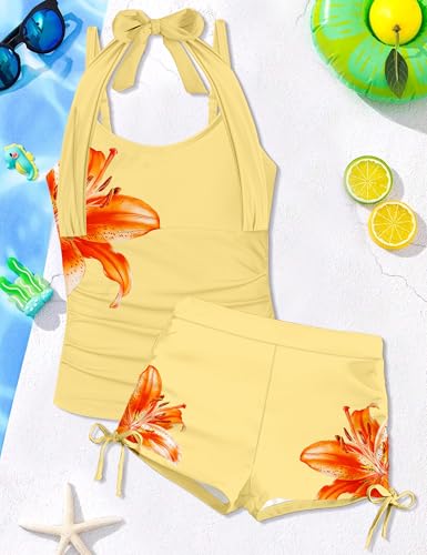 Image of Girls Swimsuit 2 Piece Halterneck Girls Tankini Swimsuit Drawstring Printed Swim Shorts Girl Bathing Suit for 7-18T