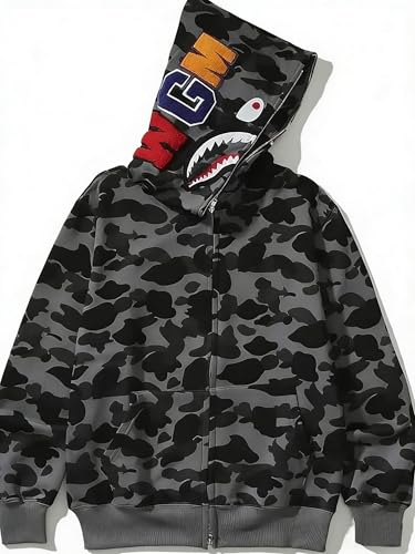 RICK TOP ONE Camouflage Hoodie with Shark Embroidery, Full Zip, Lightweight Couple Sweatshirt (US, Alpha, Small, Regular, Regular, Dark Grey)