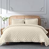 HIARUO Quilt Set California King - 3 Pieces Soft Warm Reversible Pleated Ruffled Coverlet Bedspread Set (118 x 106 Inch) with 2 Pillow Sham (20 x 36 Inch), Beige
