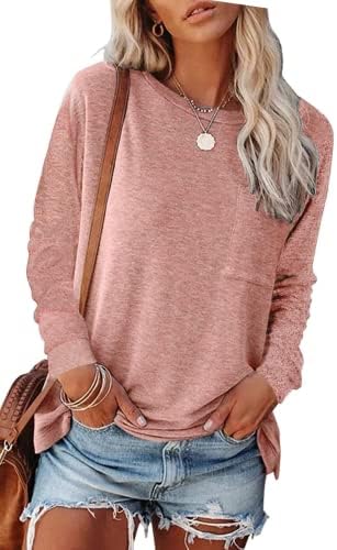 FANGJIN Womens Hiking Dress Maternity Nursing Crew Neck t-Shirts Solid Color Long Sleeve Side Split with Pockets Casual Work Graphic Champion t Shirts for Breastfeeding Women Pinktops M