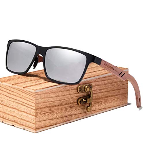 Óculos de Sol de Madeira Masculino Polarizado Kingseven W5507 Lente Prata Cor:Prata (Preto)