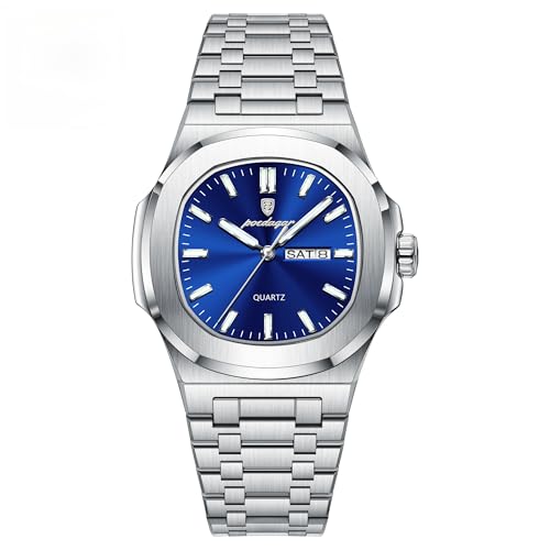Poedagar Men's Quartz Watches Fashion Square Men Business Classic Clock Waterproof Luminous Date Week Stainless Steel Man Wristwatch (Silver Blue)