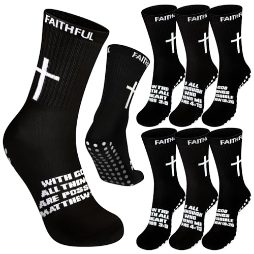 Glitopper 6 pares de calcetines de fútbol antideslizantes con versículo bíblico, calcetines religiosos de Jesús con puntos de goma para baloncesto, yoga, voleibol, culturismo, deportes (color negro),