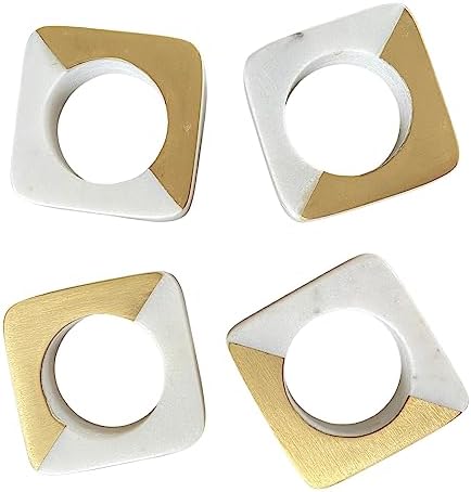 Boards by Bleu Handmade Brass and Marble Napkin Rings Set of 4, Hand Carved White Marble Square Design, Brushed Brass (1/2 Brass)