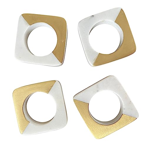 Boards By Bleu Handmade Brass And Marble Napkin Rings Set Of 4, Hand Carved White Marble Square Design, Brushed Brass (1/2 Brass) #TOP2