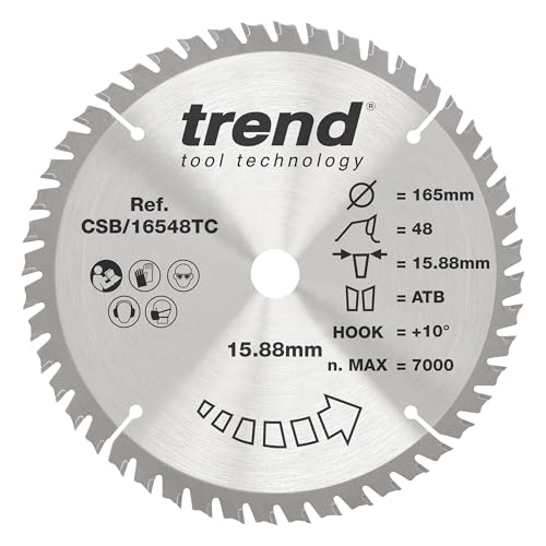 Trend Wood Cordless Circular Saw Blade, 165mm Diameter, 15.88mm Bore, 48 Teeth, 1.6mm Kerf, +10° Hook, TCT, Fine Finish, CSB/16548TC