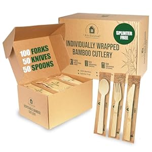 Bamboo Cutlery Set – 200 Pcs Individually Wrapped Utensils (100 Forks, 50 Spoons, 50 Knives) – Bamboo Disposable Utensils – Disposable Cutlery – Bamboo Flatware – Bamboo Silverware Set