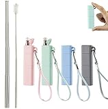 4 Pack Reusable Metal Straws, Vantic V2.0 Collapsible Stainless Steel Portable Drinking Straw with Cleaning Brush & Silicone Case Pink/Green/Blue/Gray