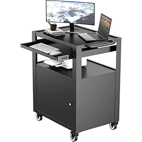 Argatin AV Cart with Keyboard Tary and Locking Cabinet Laptop Cart on Wheels Utility Cart and Pullout Tray - Max Capacity 350 lbs(24.8''L x 18.1''W x 39.8''H) Cover