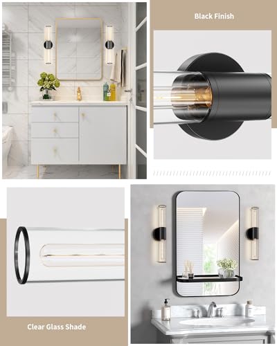 Image of Bathroom Vanity Light Fixture, 2-Light Black Wall Sconce Lighting Fixture with Clear Glass, Indoor E26 Stocket Wall Lamp for Mirror Living Room Hallway(Bulb Not Included)