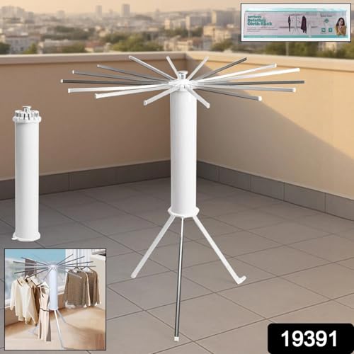 Image of Heavy-Duty Foldable Rotary Clothes Drying Rack Stand with 360 Rotating Arms - Portable Tripod Laundry Hanger Tower for Indoor & Outdoor Drying (16 Rods)