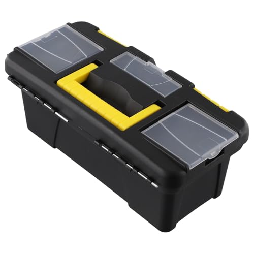 Caja de herramientas de plástico de dos capas de 10 pulgadas con cierres seguros, mango reforzado y bisagras de metal para almacenamiento de herramientas, color negro (sin capa interior)