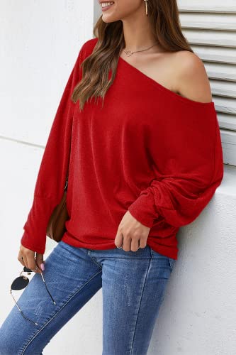Image of Aifer Women's Off The Shoulder Tops Sexy Long Sleeve Shirts Oversized Fashion Casual Batwing Sweaters Pullover Tunic Tops