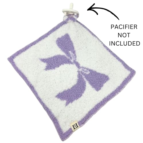 Image of L+L USA Bow Baby Lovey Pacifier /Teether Holder 10 inchx10 inch - DreamSoft Plush Fluffy Cuddly Soothie Reversible Mini Comfort Blanket - Cute Girly Newborn Gift Essential for Babies Girls (Lavender /White)