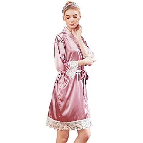 Women's Satin Kimono Robes with Lace Trim Short Bridesmaids Bridal Bathrobe Nightgown Sleepwear Wedding Party Robe (M, Light Burgundy) Cover