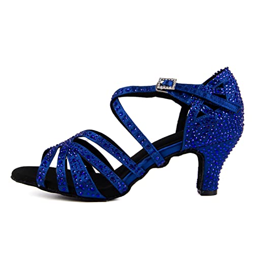 Syrads Zapatos de Baile Latino de salón para Mujer con Diamantes de imitación Salsa Tango Bachata Zapatos de Baile de Interior para Fiesta de Boda graduación,Azul 6cm Heel,38 EU