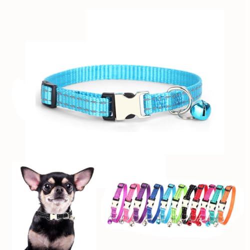 Extra Small Dog Collar with Bell, Reflective Nylon Metal Buckle Quick Release Puppy Collars for Little Pet Male Dogs Boy Cat Kitten Animal, Light Blue XS