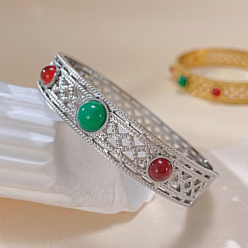 Image of Fashion Vintate Natural Turquoise Stone Bracelet Stainless Steel Hollow Out Cuff Bracelet