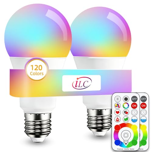ILC LED Color Changing Light Bulb, 120 Colors, 5700K Daylight White, 70 Watt Equivalent with Remote Control RGBW RGB Daylight and White – Timing Function - A19 E26 Edison Screw (2 Pack)