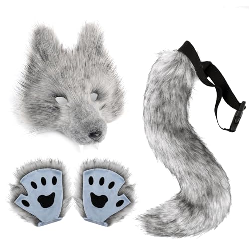 Genérico Conjunto de disfarce de lobo para Halloween carnaval | conjunto de cosplay animal orelhas cauda e máscara | acessórios de disfarce lobo para crianças adultos Natal obras de teatro