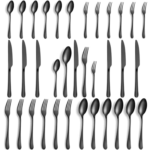 BEWOS Besteck Set für 6 Personen, 30 teilig Schwarz Mattiert Essbesteck Set inkl. Messer, Gabel, Löffel, Besteck Edelstahl, Spülmaschinenfest