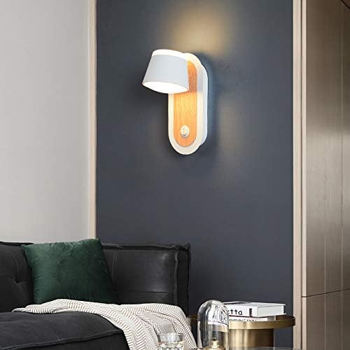 LED Wall Sconces Surfaced Mount Hotel Bedroom Bedside Reading Light Fixture Adjustable Directional On/Off Switch White+ Wood Grain