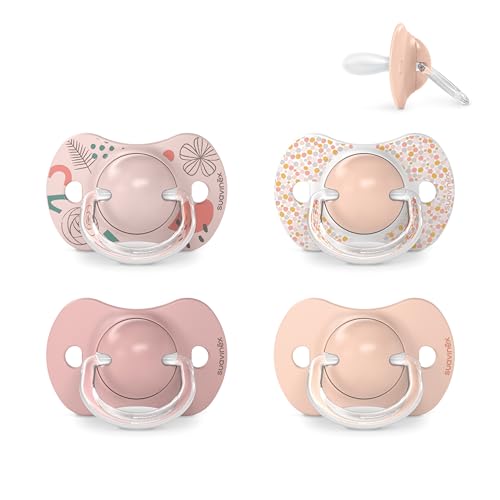 Suavinex, Pack de 4 Chupetes con Tetina Fisiológica de Silicona SX Pro, para Bebés 6-18 Meses, con Tetina más Plana y Flexible, Respeta el Desarrollo Bucodental, Rosa