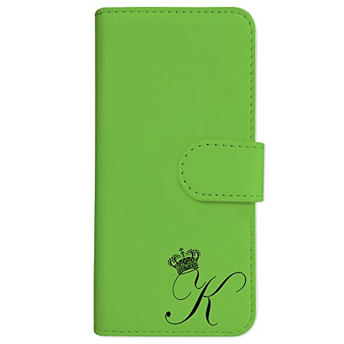 sslink iPhone17 Pro Max アイフォン17プロマックス 対応 手帳型 スマホ ケース クラウン イニシャル 「K」 黒文字 (グリーン) アルファベット ロゴ エンブレム ダイアリータイプ 横開き カード収納 フリップ カバー スマート