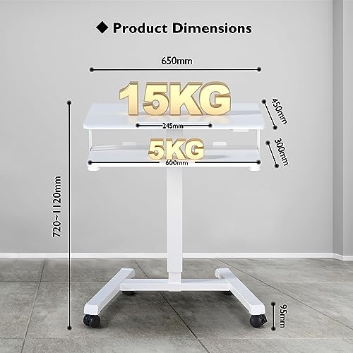 Miniatura 2 de Bontec 65 45cm Estación De Trabajo Para Computadora Móvil De Dos Niveles Con 4 Ruedas Giratorias, Soporte Para Computadora Portátil Con Ruedas, Escritorio De Pie Ajustable En Altura Blanco