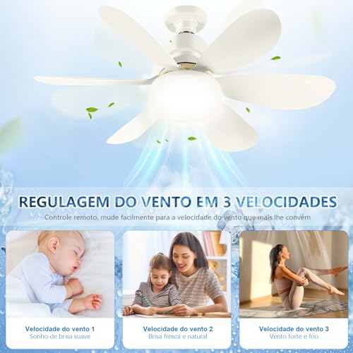 Ventilador de Teto com Luz, Ventilador E27 com Controle Remoto, 3 Cores, 3 Velocidades de Vento, Ade