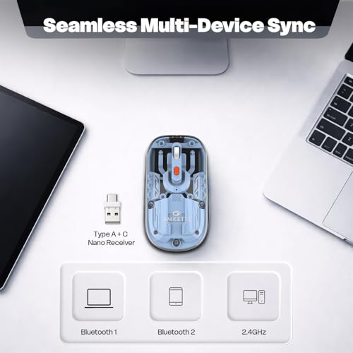 Image of Amkette Epic TP Advanced Transparent Wireless Mouse /Bluetooth Mouse Rechargeable, USB-A+USB-C Nano Receiver, 3200DPI, Type-C Charging, 3 Device Connectivity for Laptop, PC, MacBook, Tablet & More