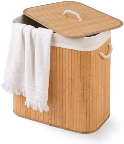 Cesto De Roupa Suja com Alças Em Bambu Com Tampa Forrado Banheiro...