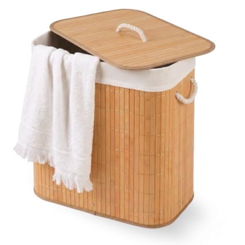 Cesto De Roupa Suja com Alças Em Bambu Com Tampa Forrado