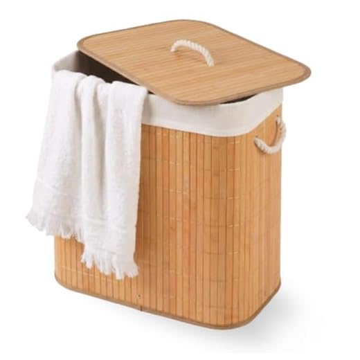 Cesto De Roupa Suja com Alças Em Bambu Com Tampa Forrado Banheiro Lavanderia Quarto