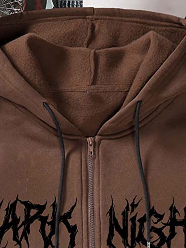 Gorglitter Men's Graphic Print Zip Up Hooded Sweatshirt Drawstring Long Sleeve Drop Shoulder Hoodies Brown Large #TOP2