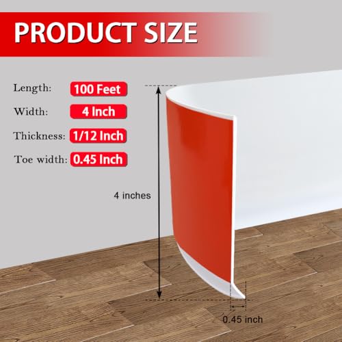 FONUNO Vinyl Wall Base Baseboard Molding Trim 4" Flexible Self Adhesive Rubber Wall Base Moulding Trim Peel and Stick Design, 4 Inch x 100 Feet, White