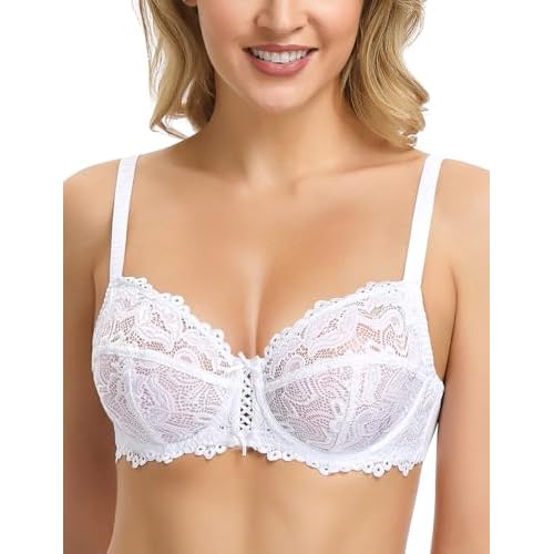 Wingslove Damen BH Vollschalen Floraler Spitze BH ohne Polster Bügel BH Soft Cup (Weiß 38G)