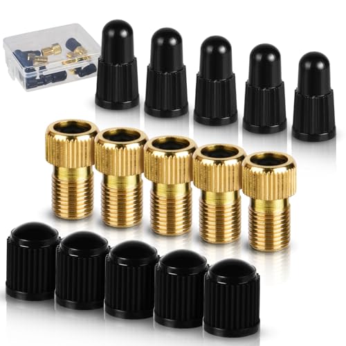 flintronic Brass Presta Valve Adapter 5PCS Bike Pump Adapter-(Pack of 5 + 10 Caps) Valve Adapter for Bike Convert Presta to Schrader Inflate Tire Using Standard Pump+Air Compressor for all Bikes