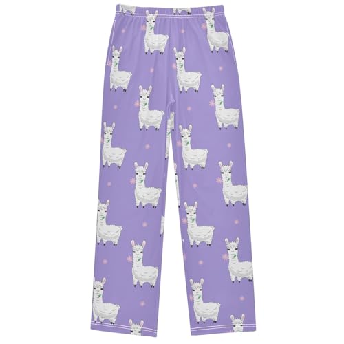 Boy's Pj Pants Llama Alpaca Flower Light Purple Lounge Bottoms Elastic Waist Kids Joggers with Pockets Size 6-14