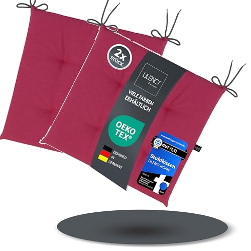 LILENO HOME 2er Set Stuhlkissen Weinrot (40x40x4,5 cm) - Sitzkissen für Gartenstuhl, Küche oder Esszimmerstuhl - UV-beständige Indoor u. Outdoor Stuhlauflage als Stuhl Kissen (Laura FUM)