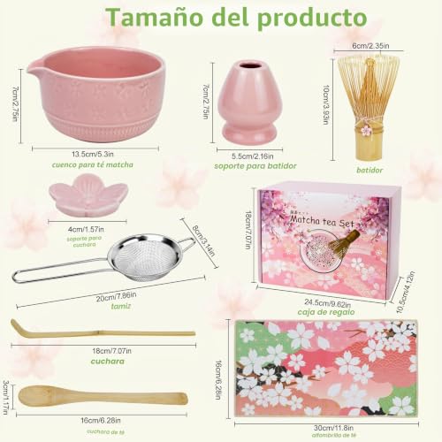 Miniatura 5 de Muhogxio Matcha Kit - 8 Piezas Te Matcha Kit Batidora De Matcha De Bambú, Cuenco De Matcha, Cuchara, Colador, Portacucharas, Soporte Para La Batidora, Para El Hogar, La Oficina Y Los Salones Rosa